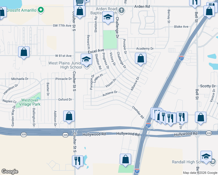 map of restaurants, bars, coffee shops, grocery stores, and more near 6903 Vision Drive in Amarillo