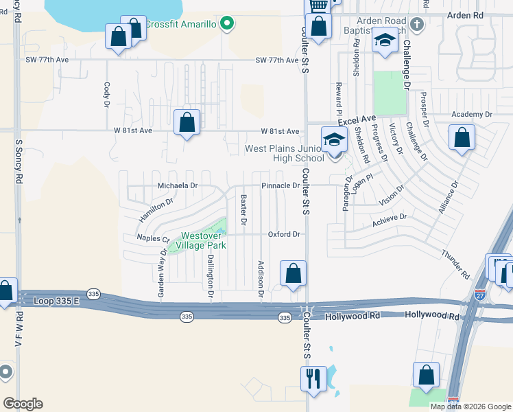 map of restaurants, bars, coffee shops, grocery stores, and more near 8405 Baxter Drive in Amarillo
