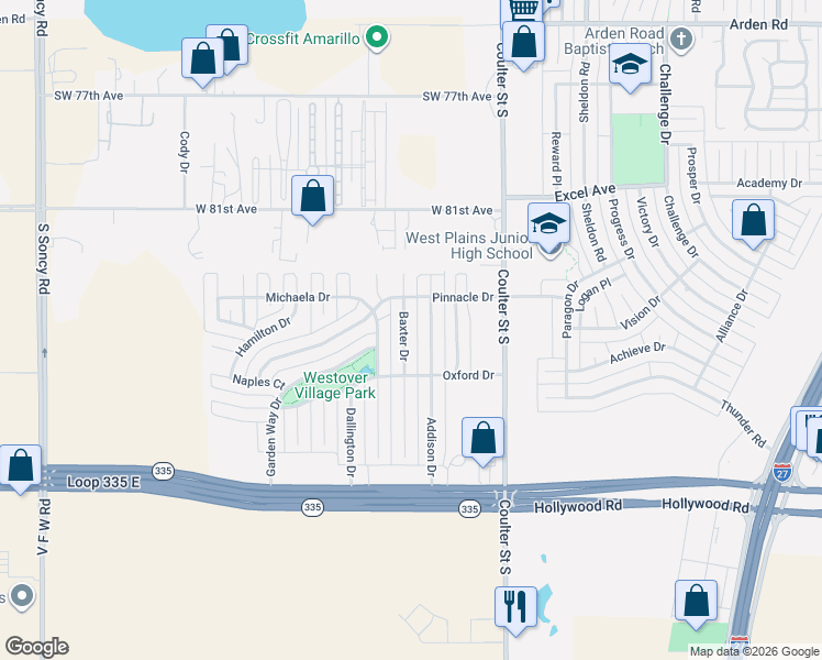 map of restaurants, bars, coffee shops, grocery stores, and more near 8405 Baxter Drive in Amarillo