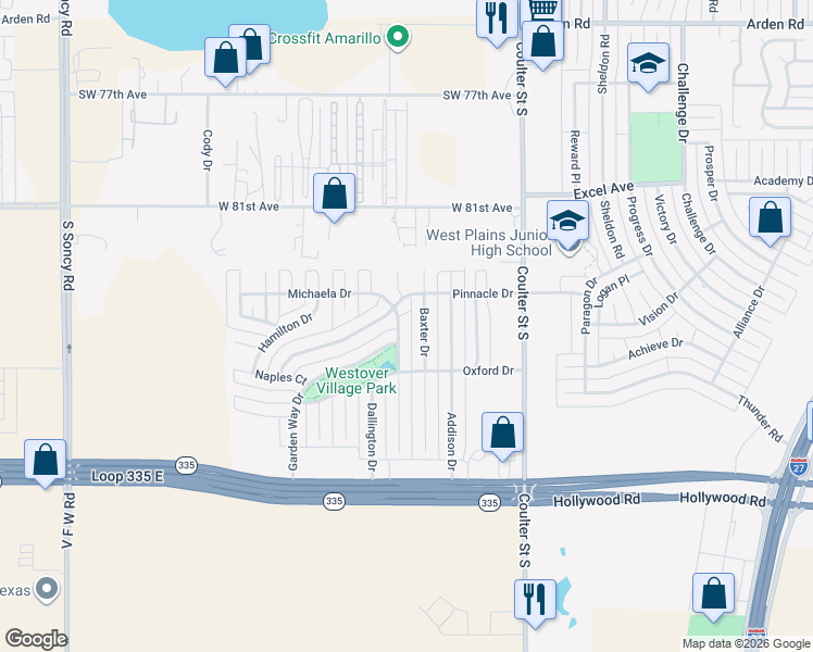 map of restaurants, bars, coffee shops, grocery stores, and more near 8409 Cortona Drive in Amarillo