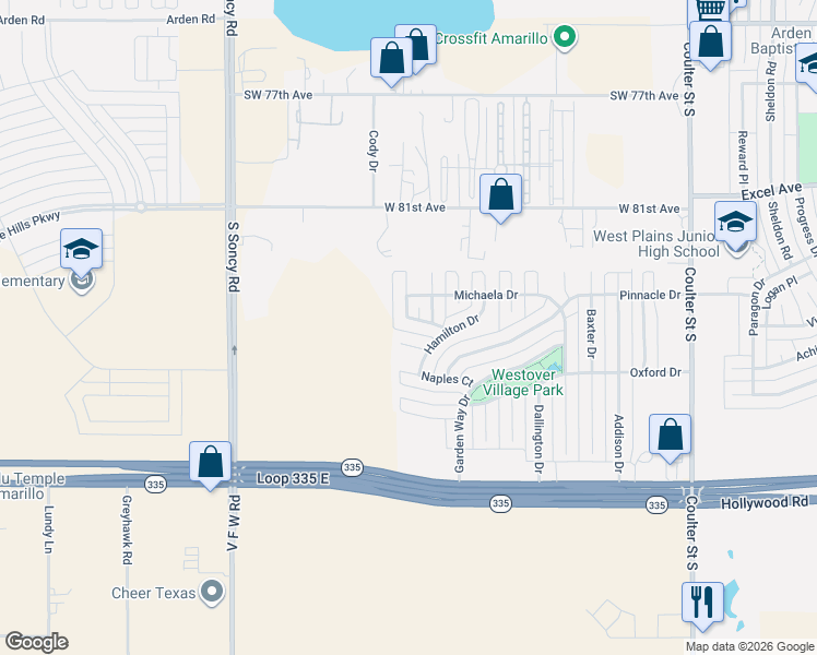 map of restaurants, bars, coffee shops, grocery stores, and more near 8409 Kinderhook Court in Amarillo