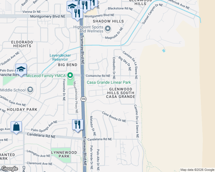 map of restaurants, bars, coffee shops, grocery stores, and more near 99999 Comanche Road Northeast in Albuquerque