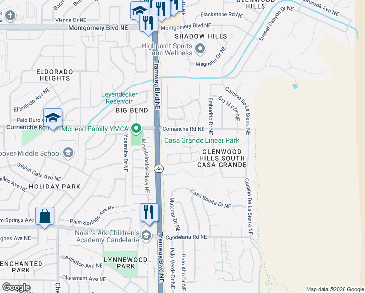 map of restaurants, bars, coffee shops, grocery stores, and more near 11 Pheasant Hill Drive in Albuquerque