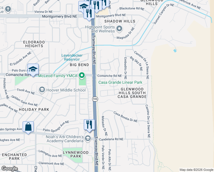 map of restaurants, bars, coffee shops, grocery stores, and more near 11 Pheasant Hill Drive in Albuquerque