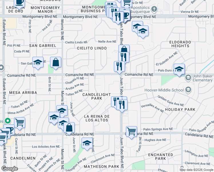 map of restaurants, bars, coffee shops, grocery stores, and more near 3447 Juan Tabo Boulevard Northeast in Albuquerque