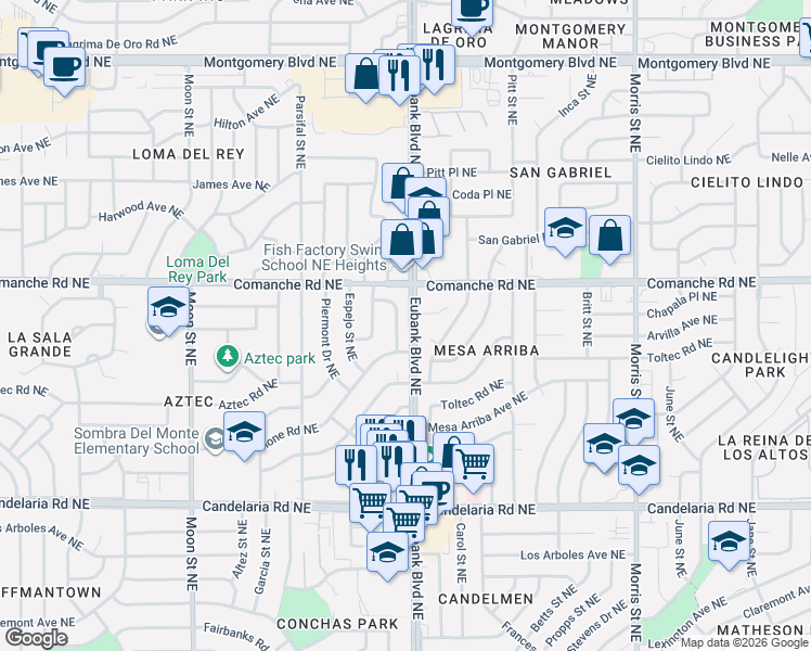 map of restaurants, bars, coffee shops, grocery stores, and more near 3600 Eubank Boulevard Northeast in Albuquerque
