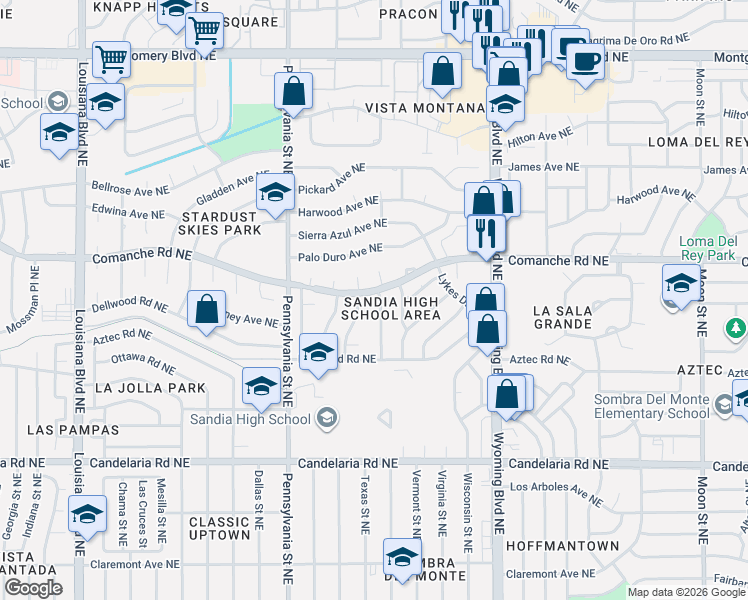 map of restaurants, bars, coffee shops, grocery stores, and more near 3121 Vermont Street Northeast in Albuquerque