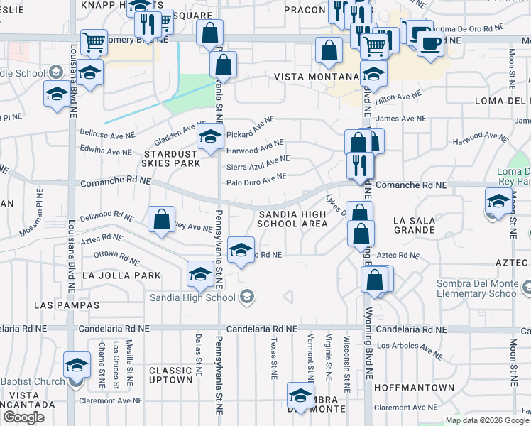 map of restaurants, bars, coffee shops, grocery stores, and more near 3301 Texas Street Northeast in Albuquerque