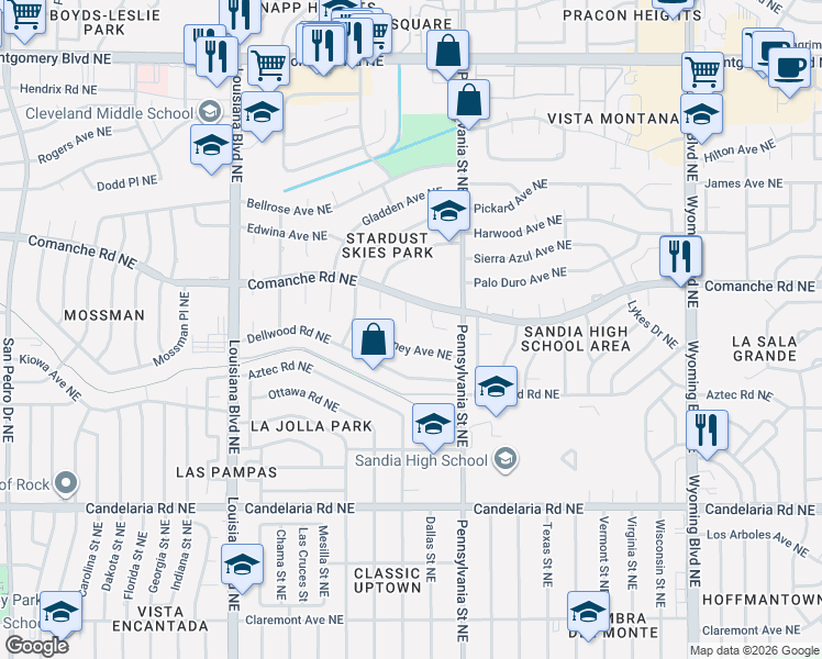 map of restaurants, bars, coffee shops, grocery stores, and more near 3417 Inman Court Northeast in Albuquerque