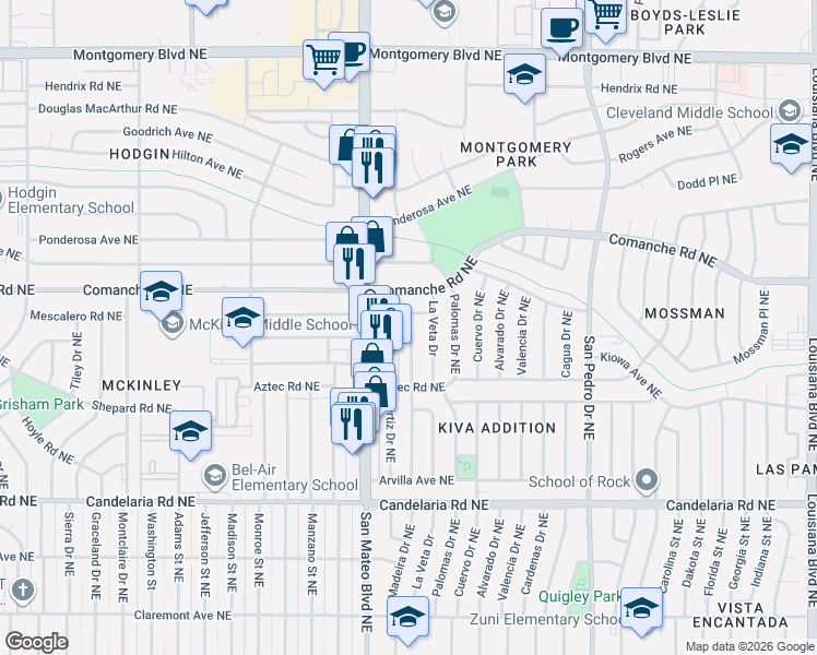 map of restaurants, bars, coffee shops, grocery stores, and more near 3419 La Veta Drive in Albuquerque