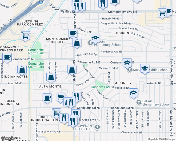 map of restaurants, bars, coffee shops, grocery stores, and more near 3802 Cherokee Road Northeast in Albuquerque