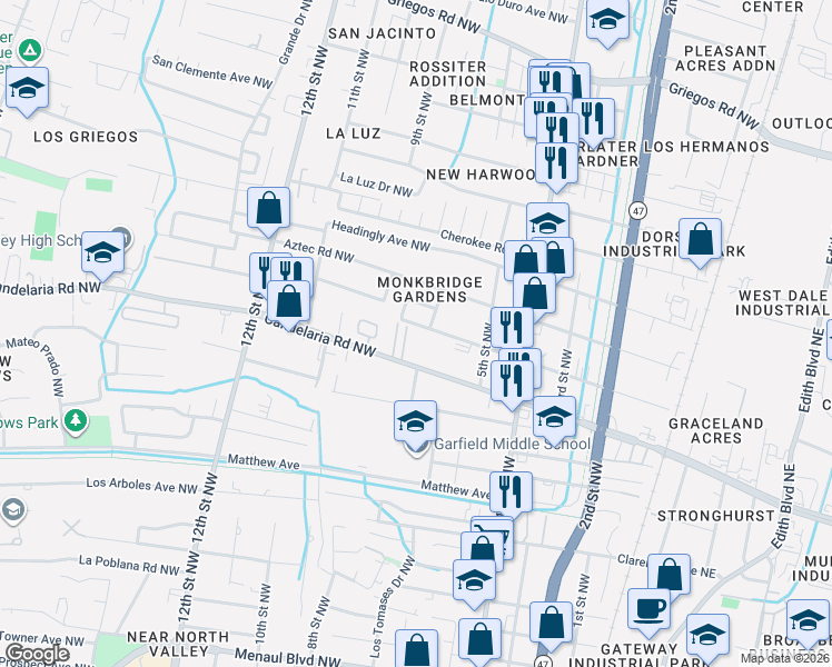 map of restaurants, bars, coffee shops, grocery stores, and more near 601 Veranda Road Northwest in Albuquerque