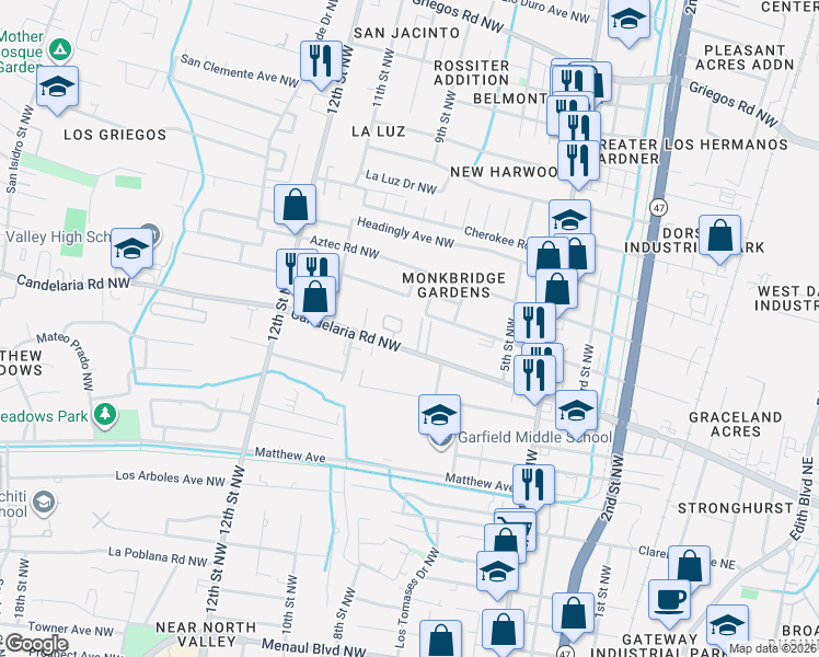 map of restaurants, bars, coffee shops, grocery stores, and more near 3739 Candelarias Lane in Albuquerque