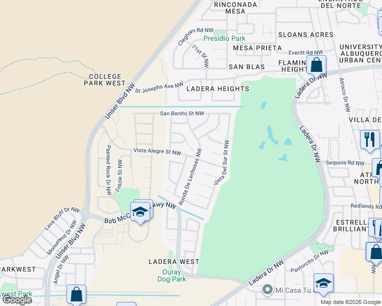 map of restaurants, bars, coffee shops, grocery stores, and more near 3400 Jal Place Northwest in Albuquerque