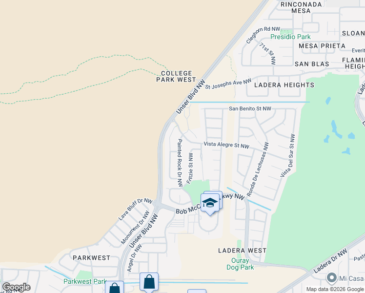 map of restaurants, bars, coffee shops, grocery stores, and more near 3423 Painted Rock Drive Northwest in Albuquerque