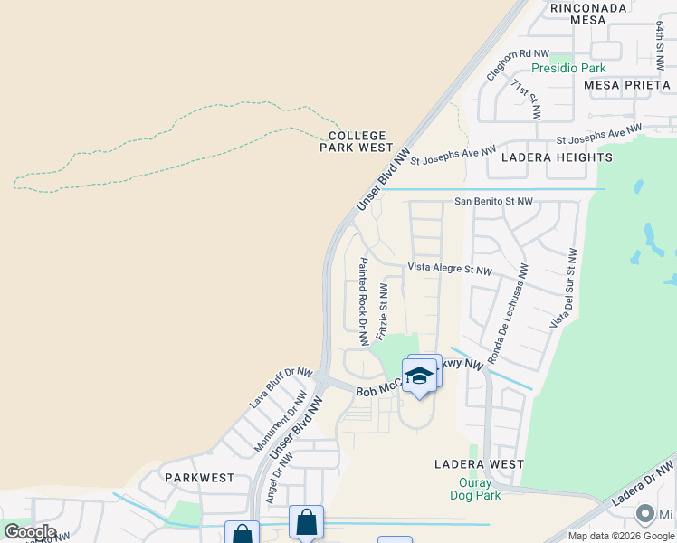 map of restaurants, bars, coffee shops, grocery stores, and more near 3423 Painted Rock Drive Northwest in Albuquerque