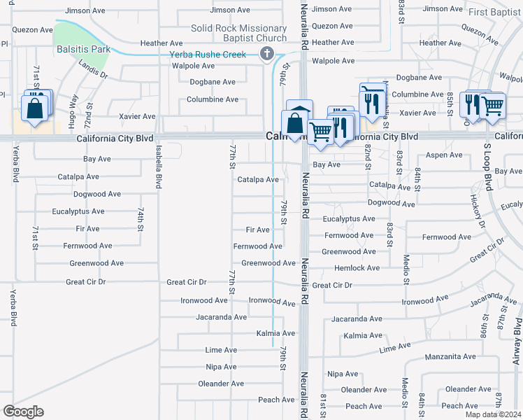 map of restaurants, bars, coffee shops, grocery stores, and more near Eucalyptus Avenue in California City