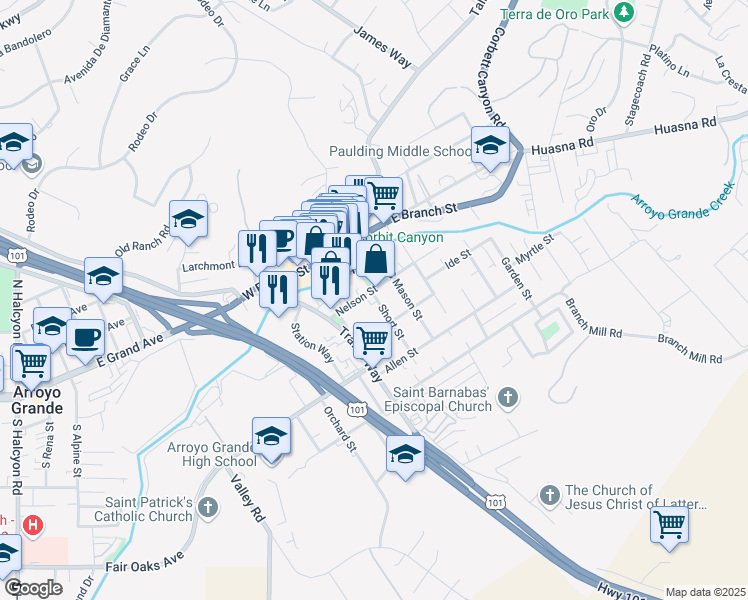 map of restaurants, bars, coffee shops, grocery stores, and more near 208 Nelson Street in Arroyo Grande