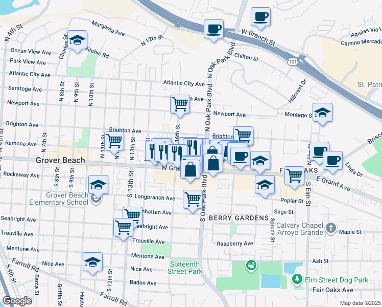 map of restaurants, bars, coffee shops, grocery stores, and more near 1663 Ramona Avenue in Grover Beach