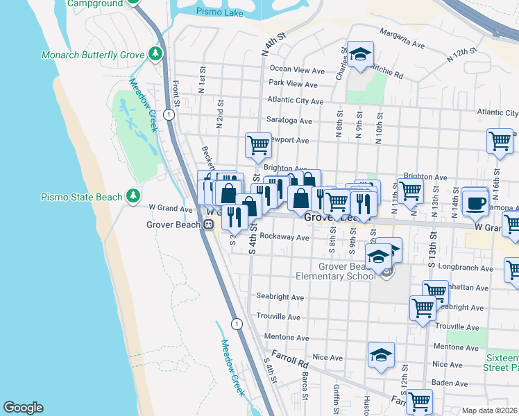 map of restaurants, bars, coffee shops, grocery stores, and more near 466 Ramona Avenue in Grover Beach