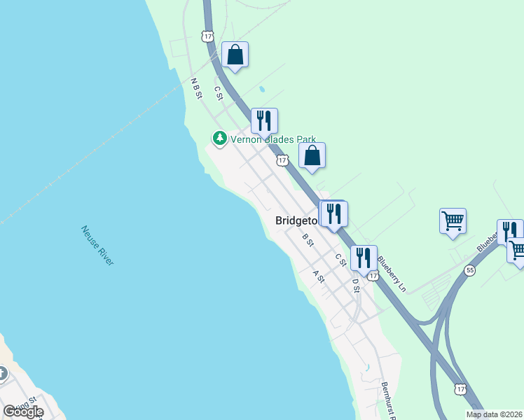 map of restaurants, bars, coffee shops, grocery stores, and more near 42 Eastern Shore Townhouses in New Bern