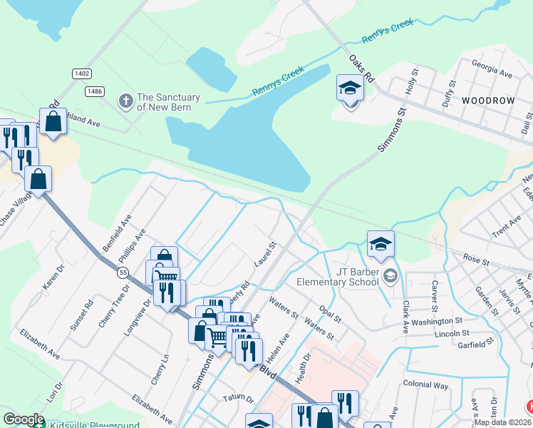 map of restaurants, bars, coffee shops, grocery stores, and more near 2507 North Hills Drive in New Bern