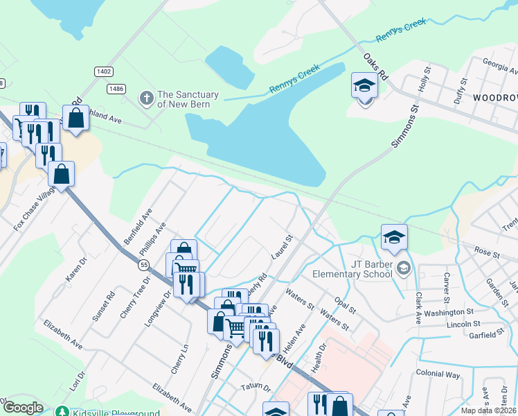 map of restaurants, bars, coffee shops, grocery stores, and more near 2601 North Hills Drive in New Bern