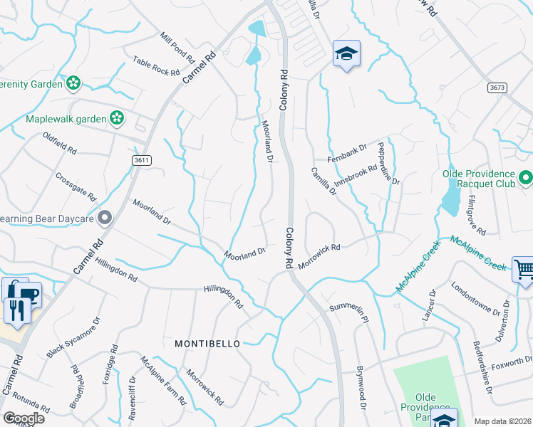 map of restaurants, bars, coffee shops, grocery stores, and more near 4029 Moorland Drive in Charlotte