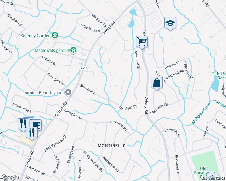 map of restaurants, bars, coffee shops, grocery stores, and more near 3401 Wynington Drive in Charlotte