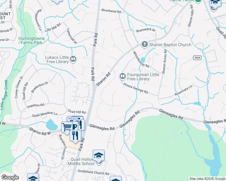 map of restaurants, bars, coffee shops, grocery stores, and more near 6706 Honors Court in Charlotte
