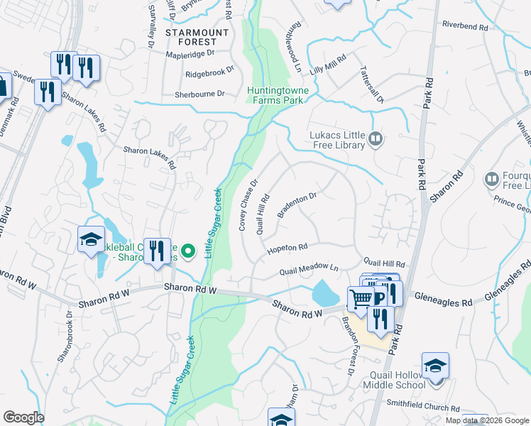 map of restaurants, bars, coffee shops, grocery stores, and more near 7928 Bradenton Drive in Charlotte