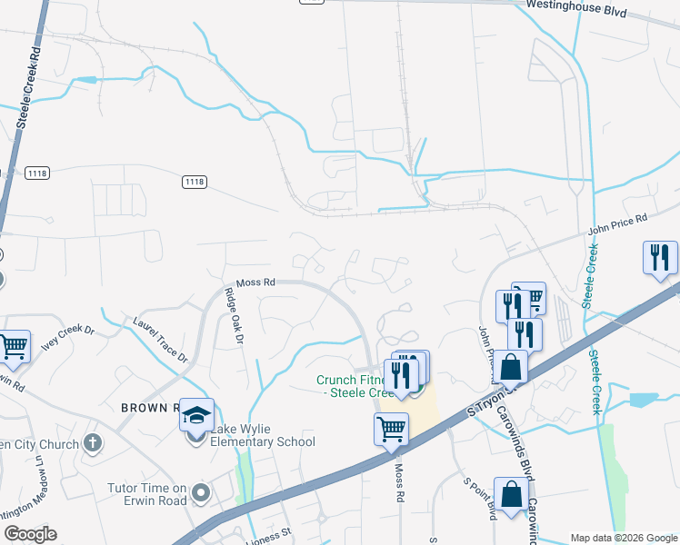 map of restaurants, bars, coffee shops, grocery stores, and more near 11115 Whitlock Crossing Court in Charlotte
