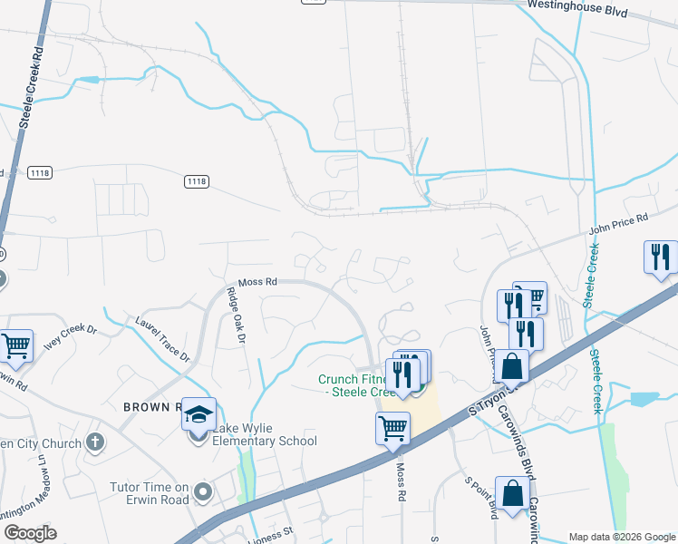 map of restaurants, bars, coffee shops, grocery stores, and more near 11115 Whitlock Crossing Court in Charlotte