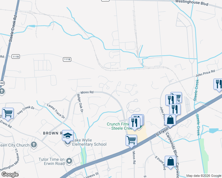 map of restaurants, bars, coffee shops, grocery stores, and more near 11115 Whitlock Crossing Court in Charlotte