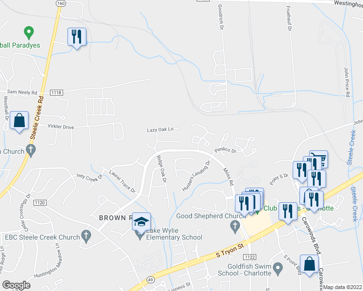 map of restaurants, bars, coffee shops, grocery stores, and more near 12439 Sylvan Oak Way in Charlotte