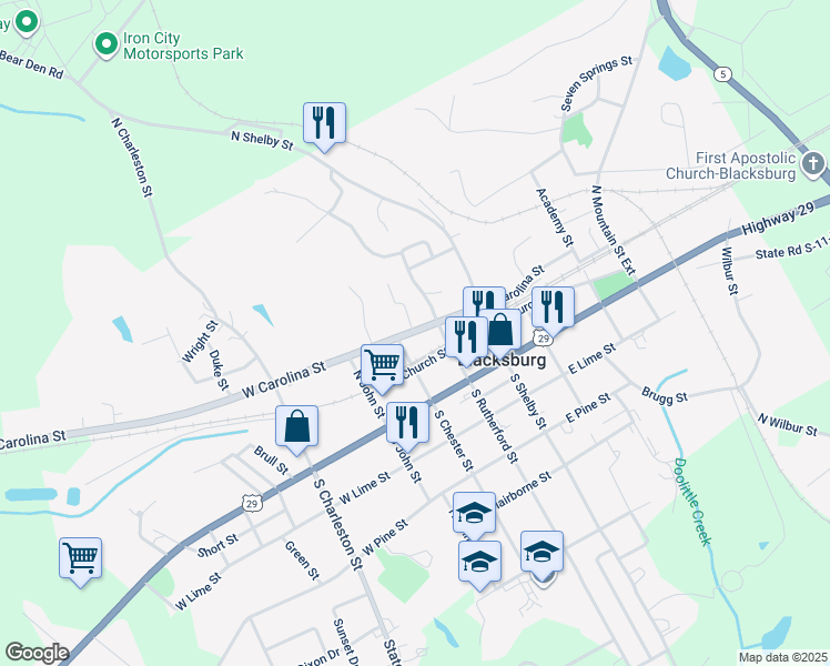 map of restaurants, bars, coffee shops, grocery stores, and more near 200 West Carolina Street in Blacksburg