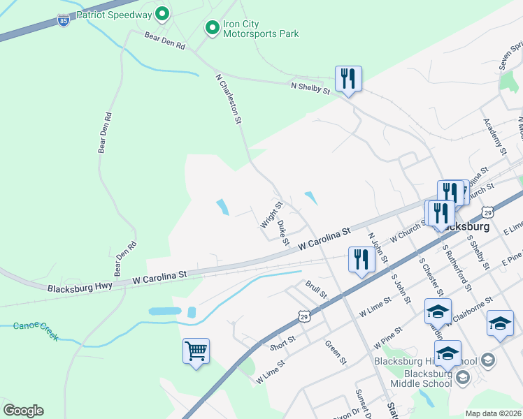 map of restaurants, bars, coffee shops, grocery stores, and more near 505 North Charleston Street in Blacksburg