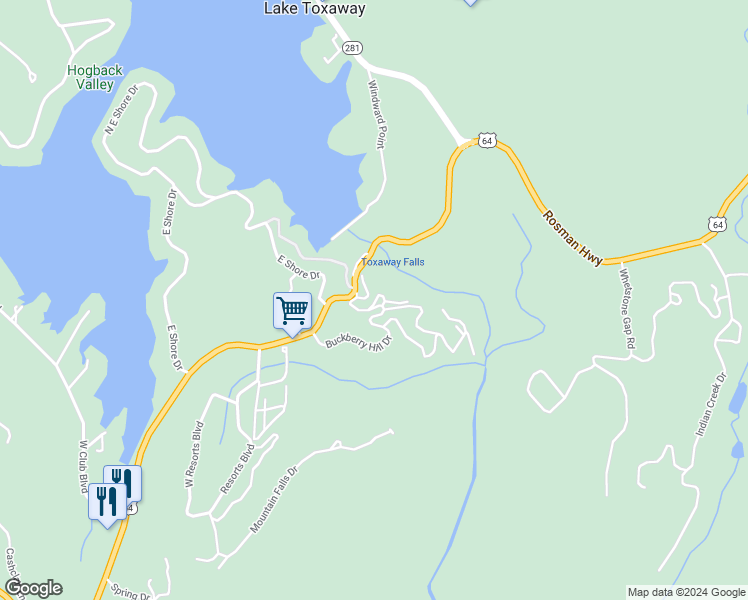 map of restaurants, bars, coffee shops, grocery stores, and more near 48 Toxaway Church Road in Lake Toxaway