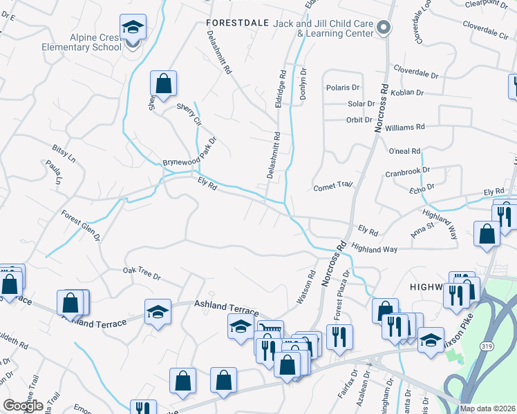 map of restaurants, bars, coffee shops, grocery stores, and more near 1113 Ely Road in Chattanooga