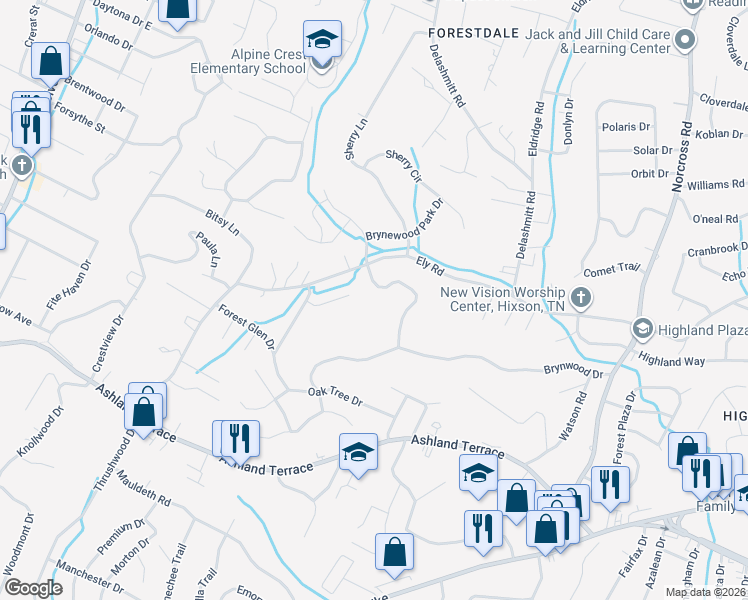 map of restaurants, bars, coffee shops, grocery stores, and more near 938 Brynewood Terrace in Chattanooga