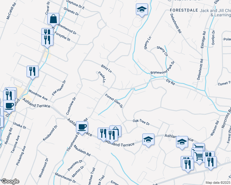 map of restaurants, bars, coffee shops, grocery stores, and more near 714 Ely Road in Chattanooga