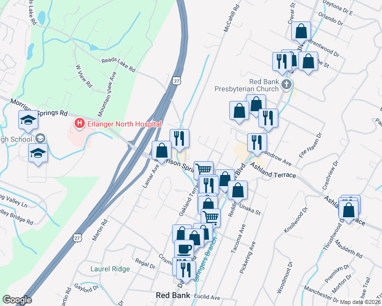 map of restaurants, bars, coffee shops, grocery stores, and more near 4018 McCahill Road in Chattanooga