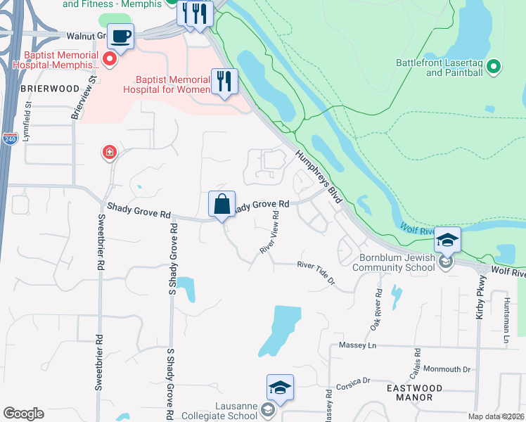 map of restaurants, bars, coffee shops, grocery stores, and more near 6304 East Shady Grove Road in Memphis