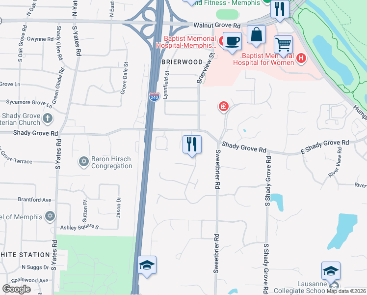 map of restaurants, bars, coffee shops, grocery stores, and more near 319 River Oaks Road North in Memphis
