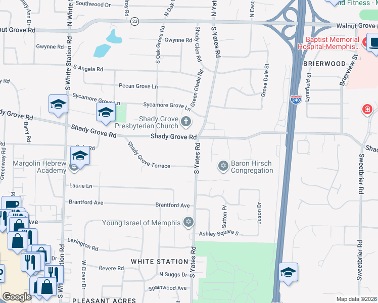 map of restaurants, bars, coffee shops, grocery stores, and more near 317 South Yates Road in Memphis