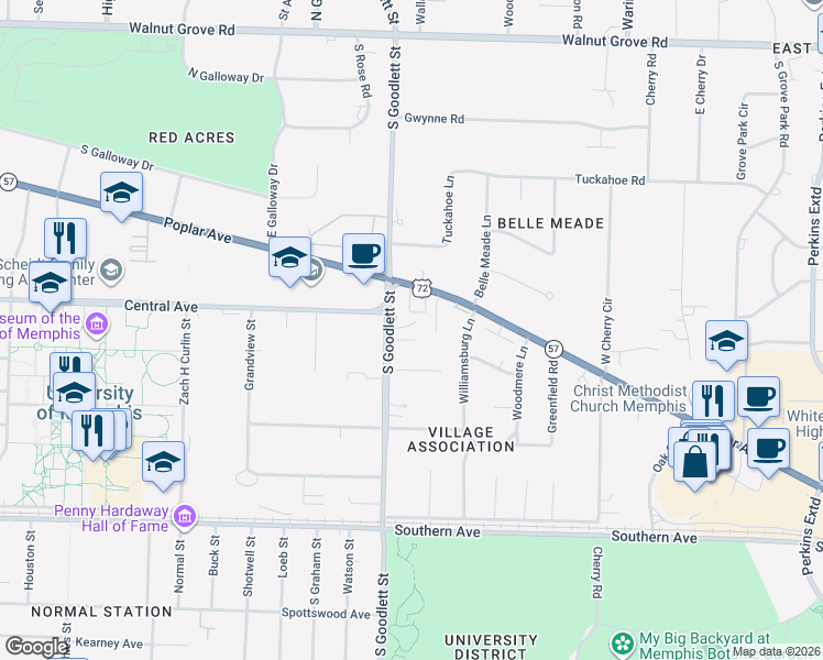 map of restaurants, bars, coffee shops, grocery stores, and more near 4116 Baldwin Square in Memphis