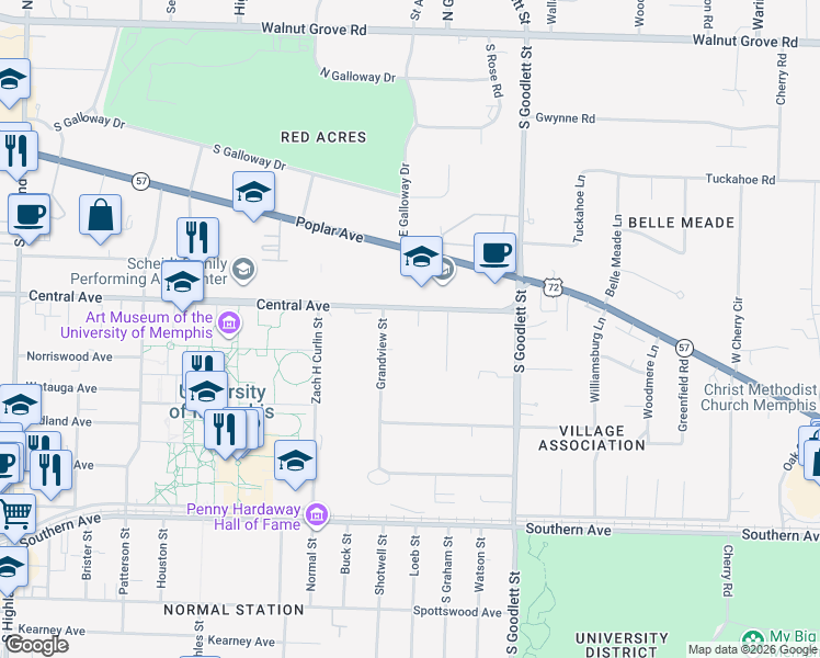 map of restaurants, bars, coffee shops, grocery stores, and more near 3977 Central Avenue in Memphis