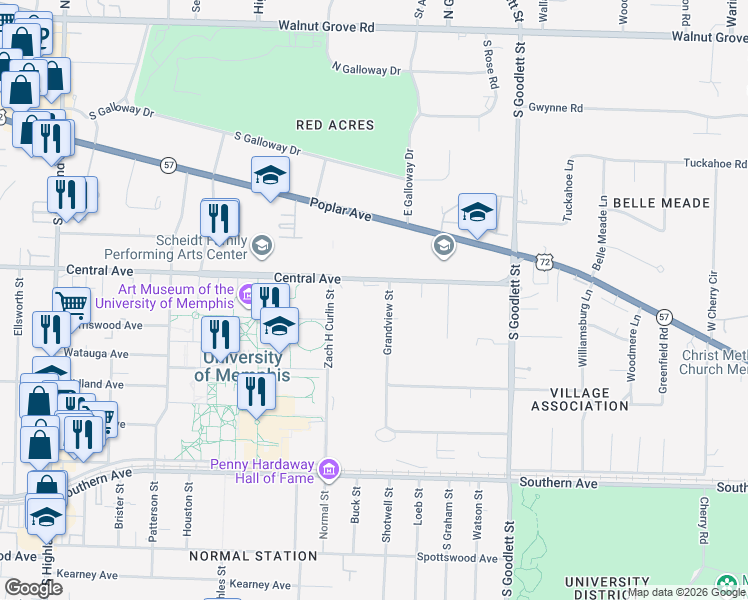 map of restaurants, bars, coffee shops, grocery stores, and more near 3885 Central Avenue in Memphis