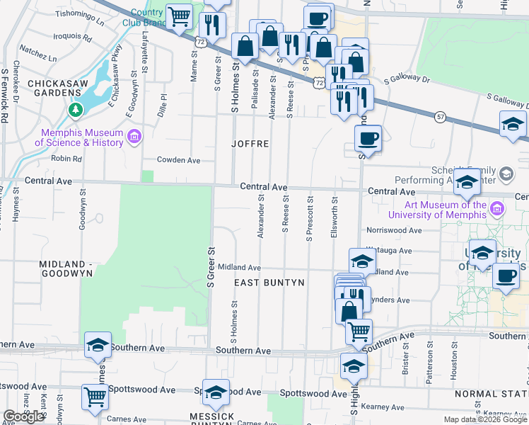 map of restaurants, bars, coffee shops, grocery stores, and more near 341 Alexander Street in Memphis