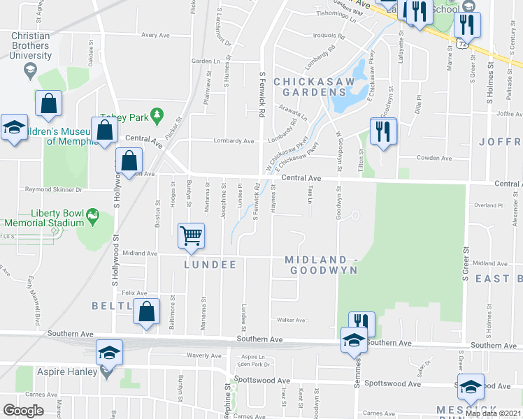 map of restaurants, bars, coffee shops, grocery stores, and more near 346 South Fenwick Road in Memphis